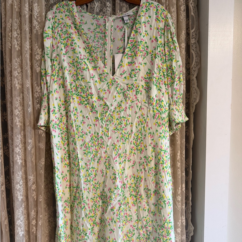RIXO Cream Dress with Pink, Green & Yellow Floral Print